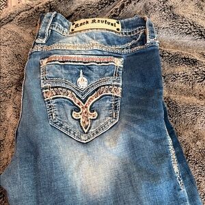 Rock Revival Distressed Blue Jeans with Embroidered Pocket